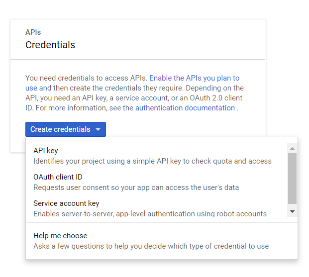 Click on Create a credentials -&gt; API key
